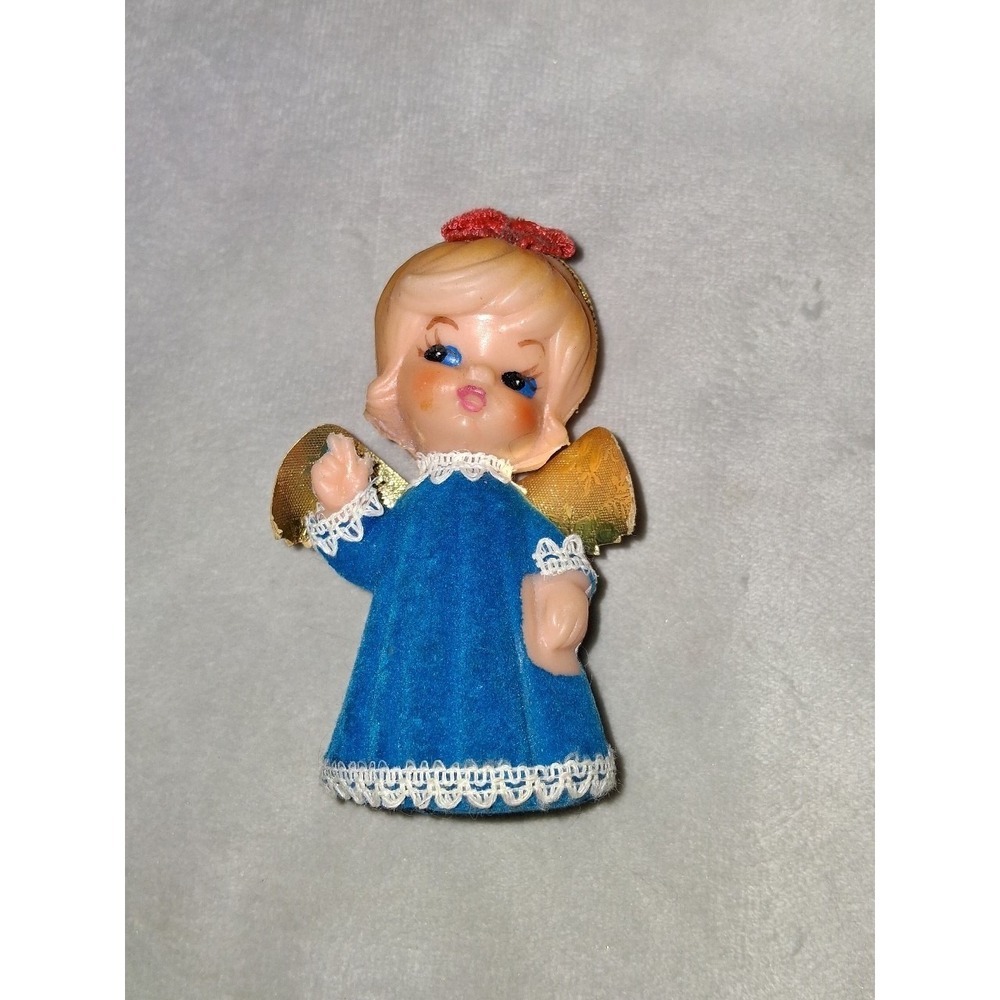 Vintage Flocked Angel Christmas Ornament 4" Blue Dress Gold Wings Retro